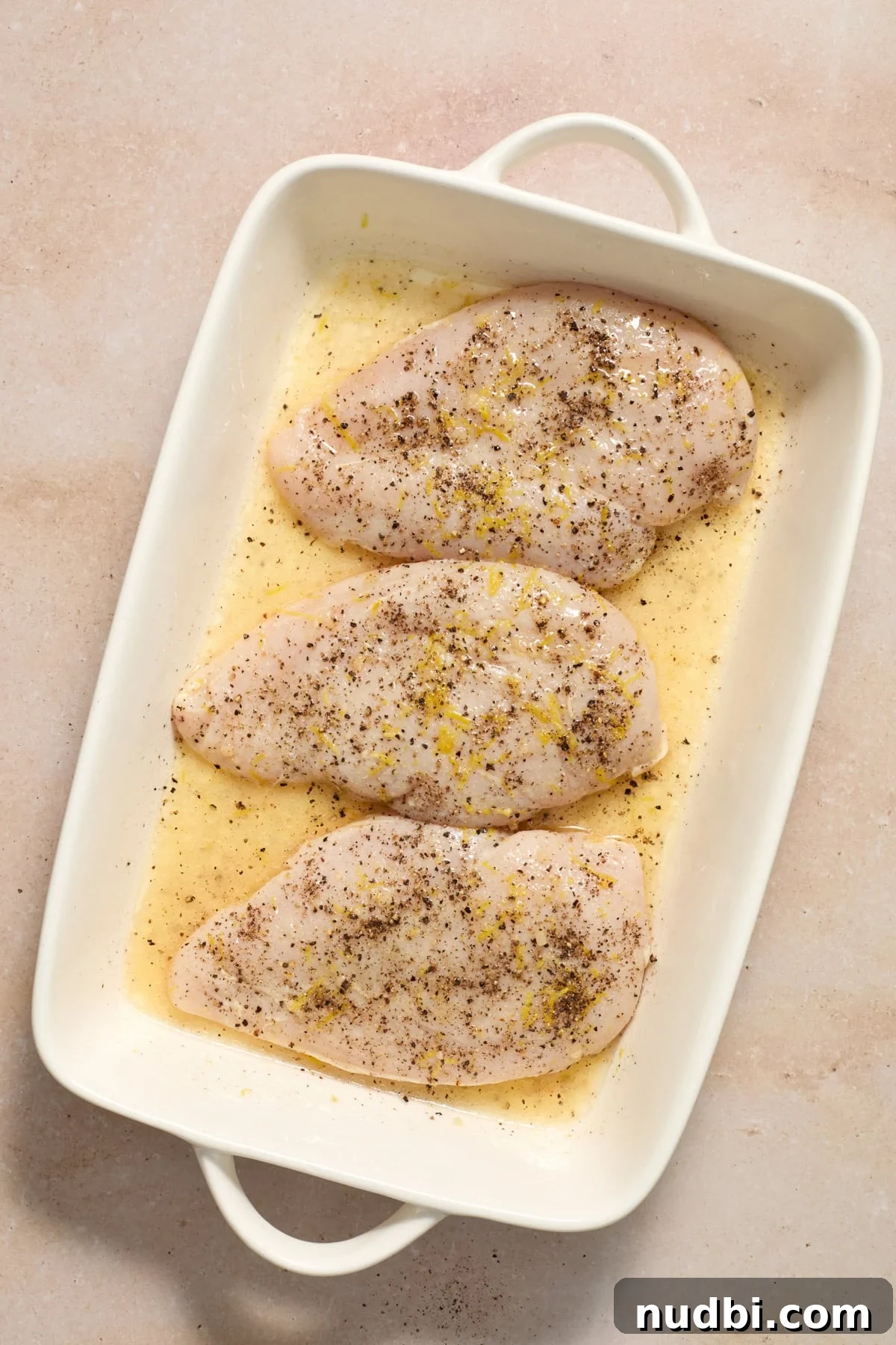Lemon Pepper Grilled Chicken Recipe – Zesty Weeknight Dinner 7 Marinated chicken in dish with lemon and pepper.