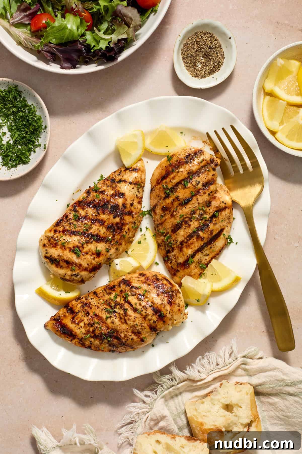 Lemon Pepper Grilled Chicken Recipe – Zesty Weeknight Dinner 9 Lemon pepper grilled chicken breasts on plate with serving fork and lemons.
