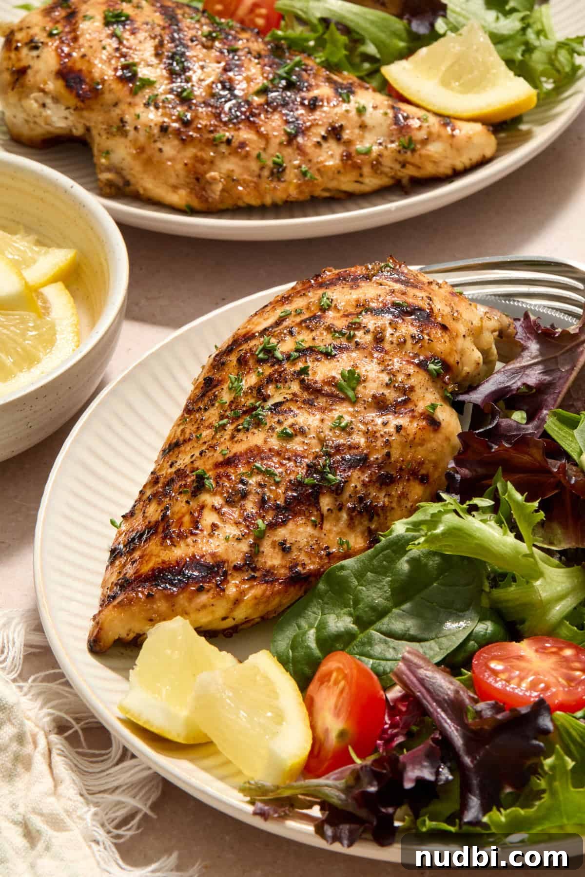 Lemon Pepper Grilled Chicken Recipe – Zesty Weeknight Dinner 10 Grilled lemon pepper chicken on white plate with salad greens and lemon slices.