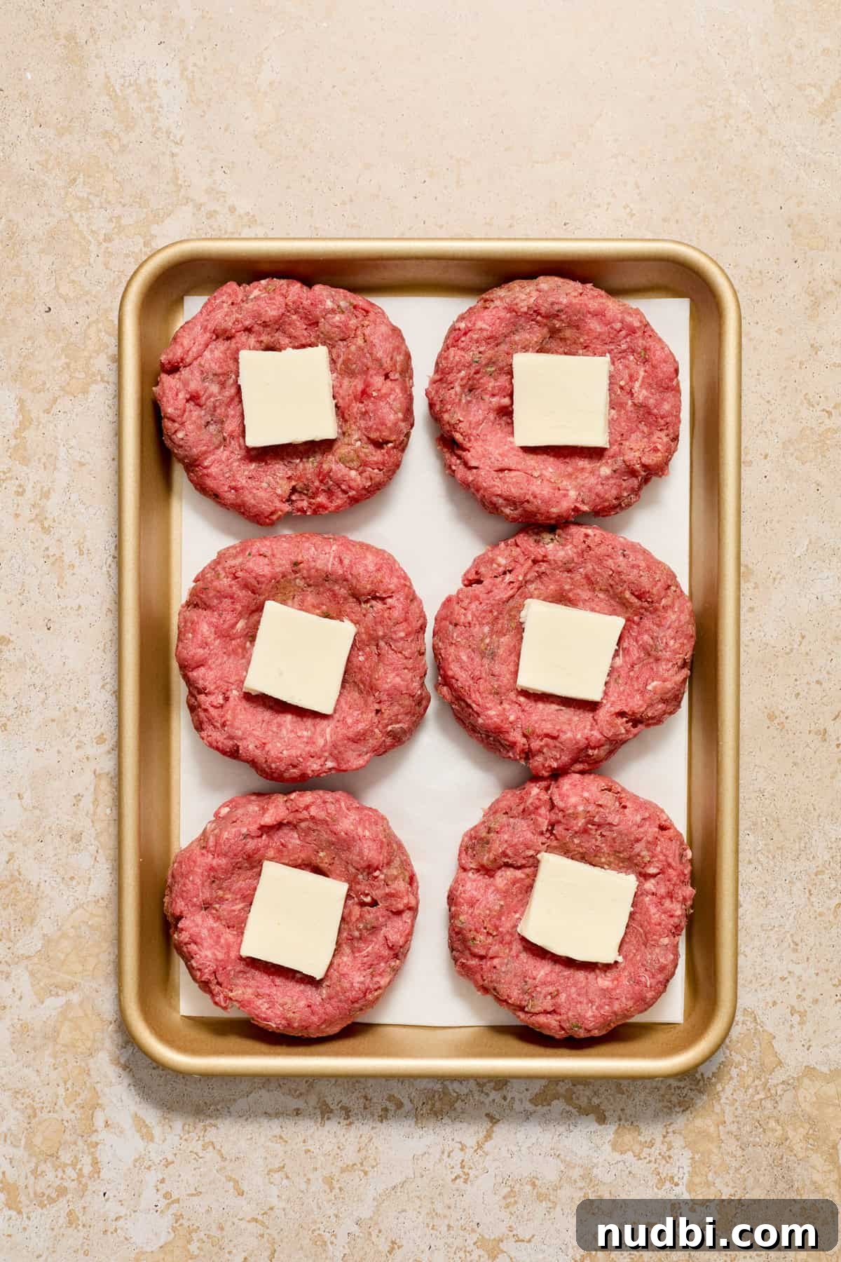 Juicy Mozzarella-Stuffed Burgers with Garlic Herb Buns 8 Piece of fresh mozzarella inside raw burger patty to be stuffed.