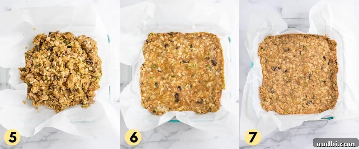Zucchini Oat Bars Recipe: Moist Baked Snack Bars with Oats 5 Oat mixture put into parchment lined pan.