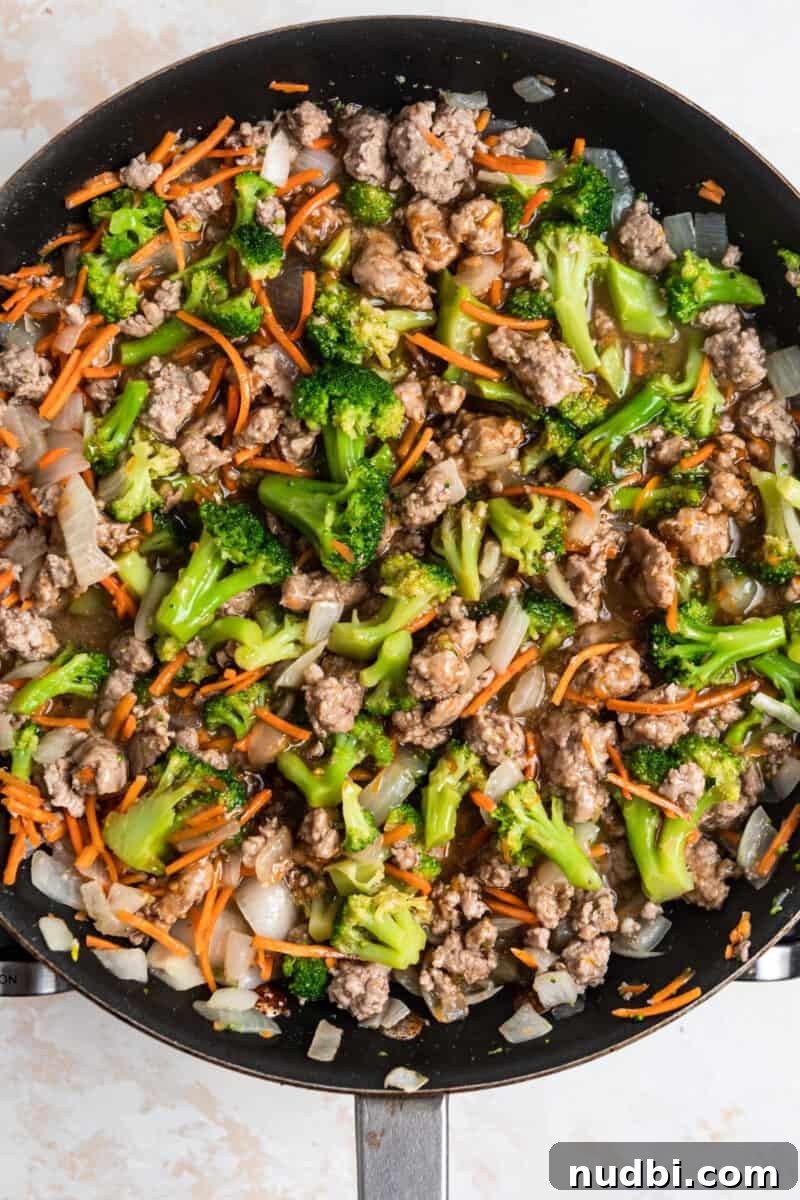 Savory Teriyaki Ground Pork Stir-Fry with Vegetables 10 Ground pork recipe in skillet with teriyaki sauce.