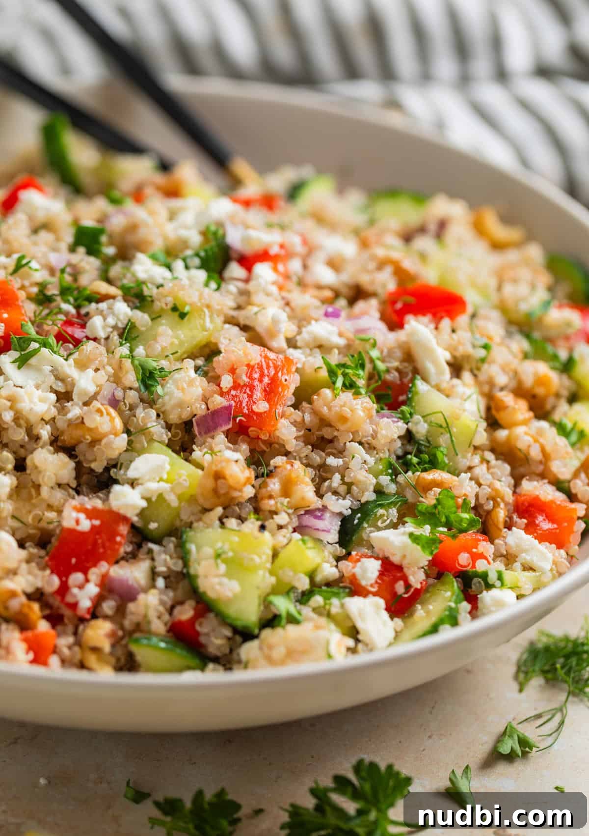 Cucumber Quinoa Salad with Feta and Lemon-Dill Dressing 6 Serving bowl with quinoa cucumber feta salad.