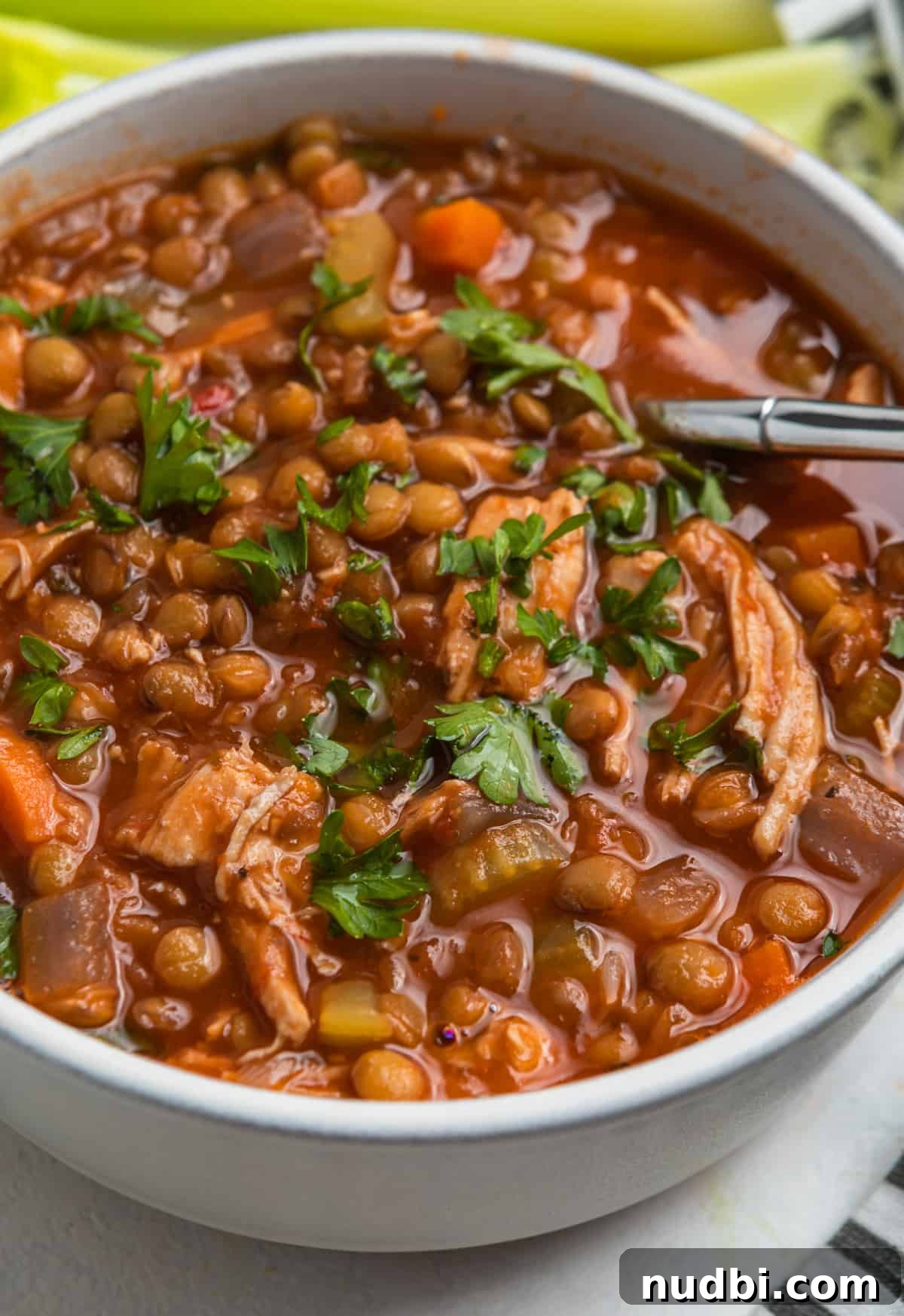 Hearty Turkey and Lentil Soup Recipe for Weeknight Dinners 3 Turkey lentil soup in white bowl with spoon and chopped parsley on top.