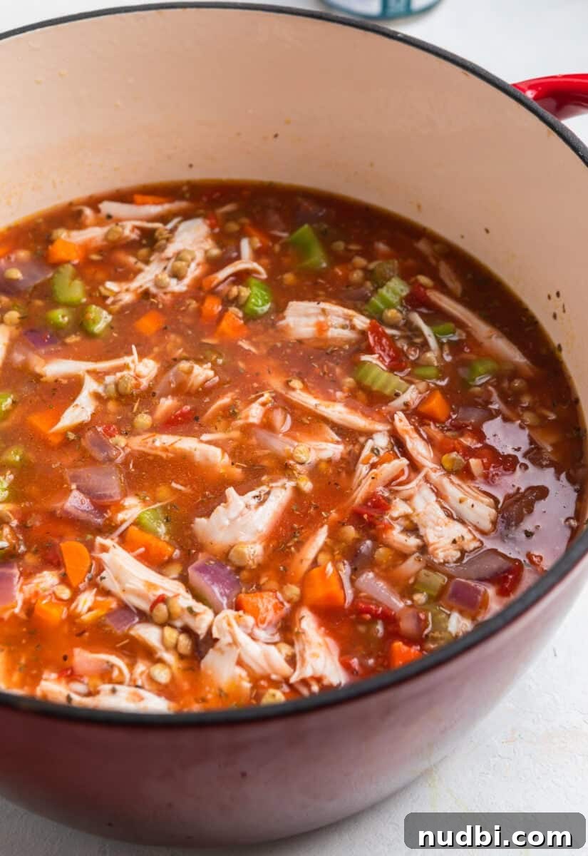 Hearty Turkey and Lentil Soup Recipe for Weeknight Dinners 6 Turkey lentil soup in pot simmering.