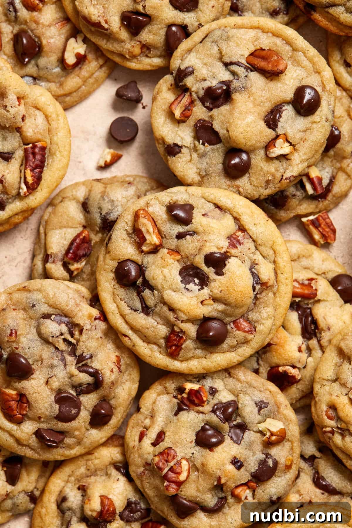 Chewy Chocolate Chip Pecan Cookies Recipe 2 Chocolate chip pecan cookies arranged on surface with two chocolate chips and a pecan beside.