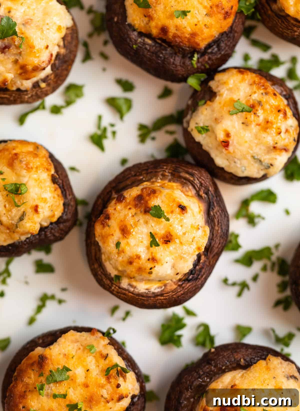 Crispy Air Fryer Stuffed Mushrooms Recipe for Quick Appetizers 8 Overhead view of air fryer stuffed mushrooms topped with freshly chopped parsley.