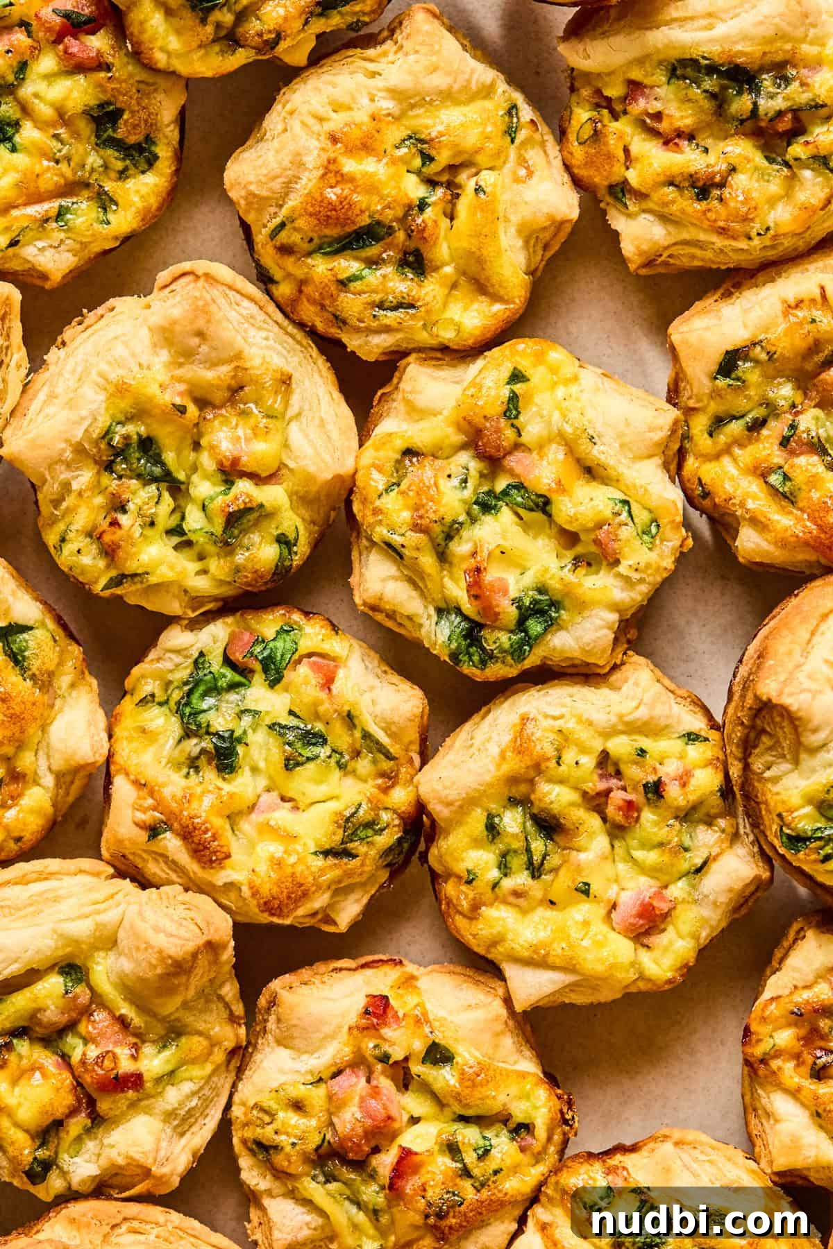 Flaky Puff Pastry Quiche Recipe: Quick Savory Tart for Brunch 2 Puff pastry mini quiches with ham and spinach on plate topped with green onion and parsley.