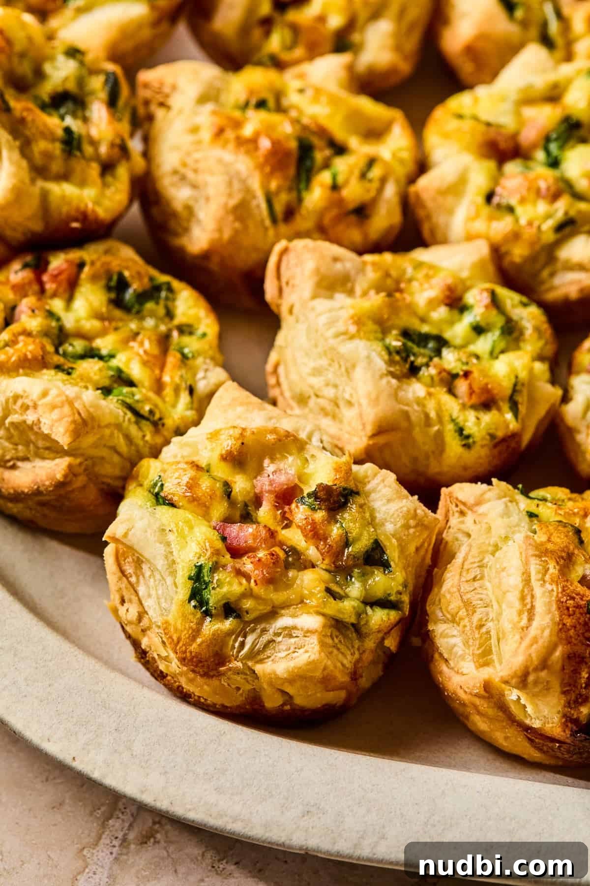 Flaky Puff Pastry Quiche Recipe: Quick Savory Tart for Brunch 11 Puff pastry mini ham and cheese quiche lined up on serving platter.