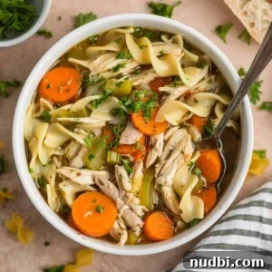 Overhead view of rotisserie chicken noodle soup in white bowl with spoon.