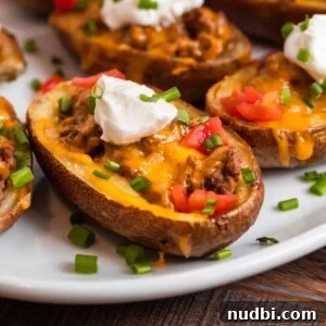 Cheeseburger-Stuffed Potato Skins: Loaded Appetizer Recipe 12 Cheeseburger stuffed potato skins on white dish with sour cream and chives on top.