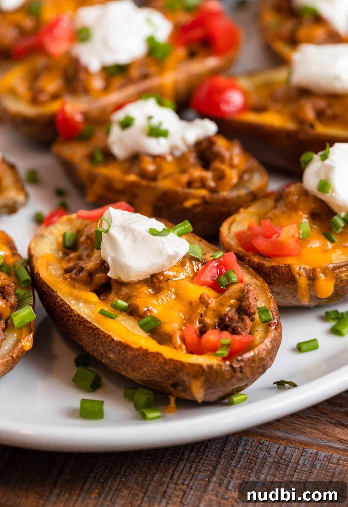 Cheeseburger-Stuffed Potato Skins: Loaded Appetizer Recipe 3 Cheeseburger potato skins on white dish.