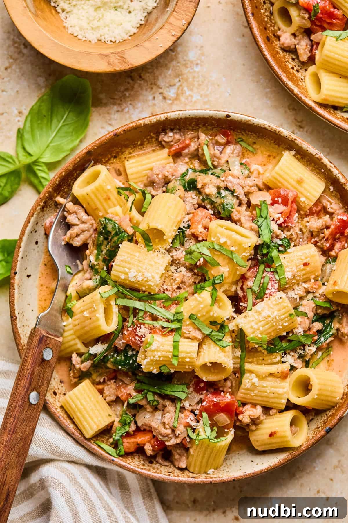 Creamy Spicy Italian Sausage Pasta with Sun-Dried Tomatoes 2 Dish with spicy Italian sausage pasta topped with parmesan and chopped basil.