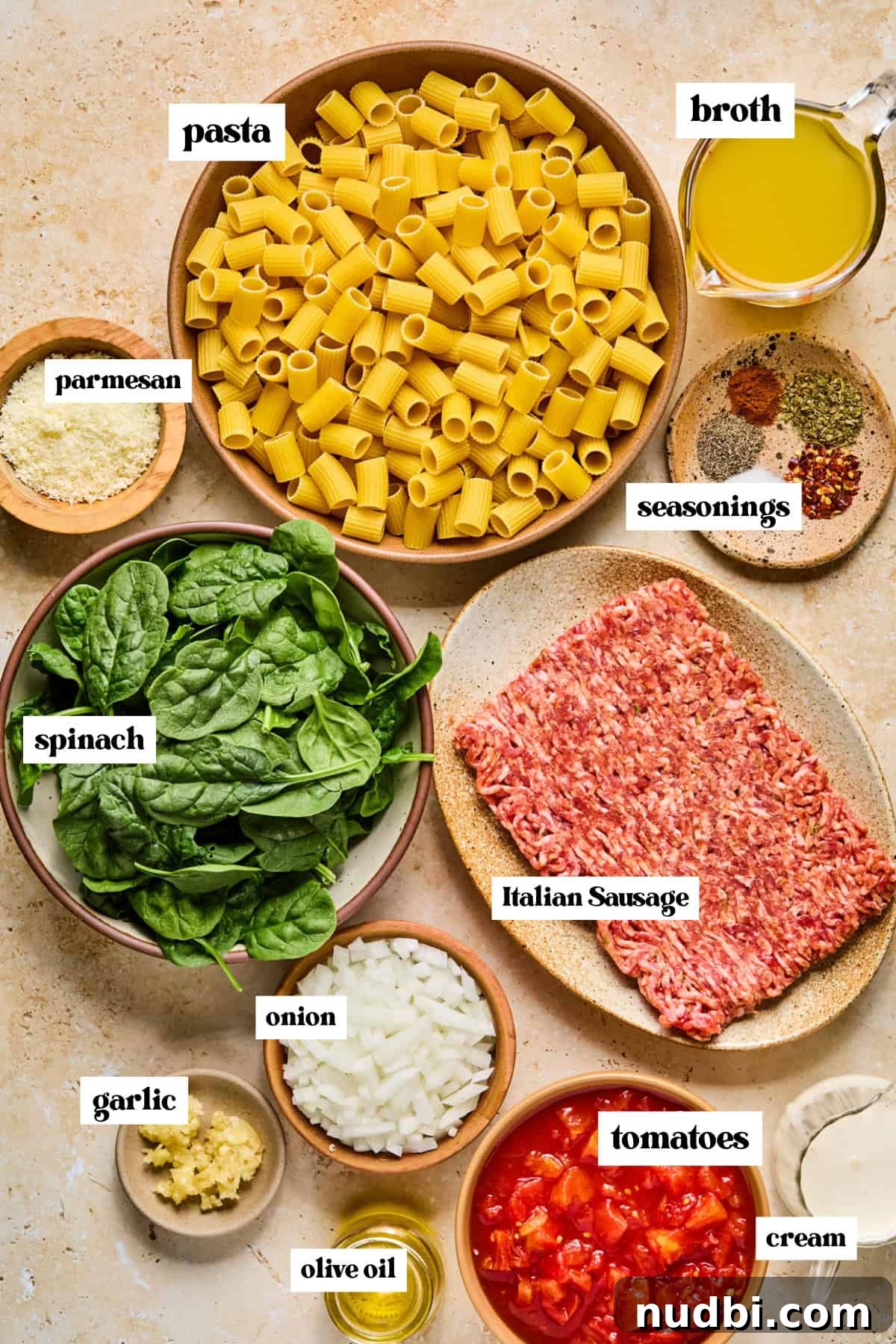 Creamy Spicy Italian Sausage Pasta with Sun-Dried Tomatoes 3 Pasta, Italian sausage, cream, parmesan, and other labeled ingredients on surface.