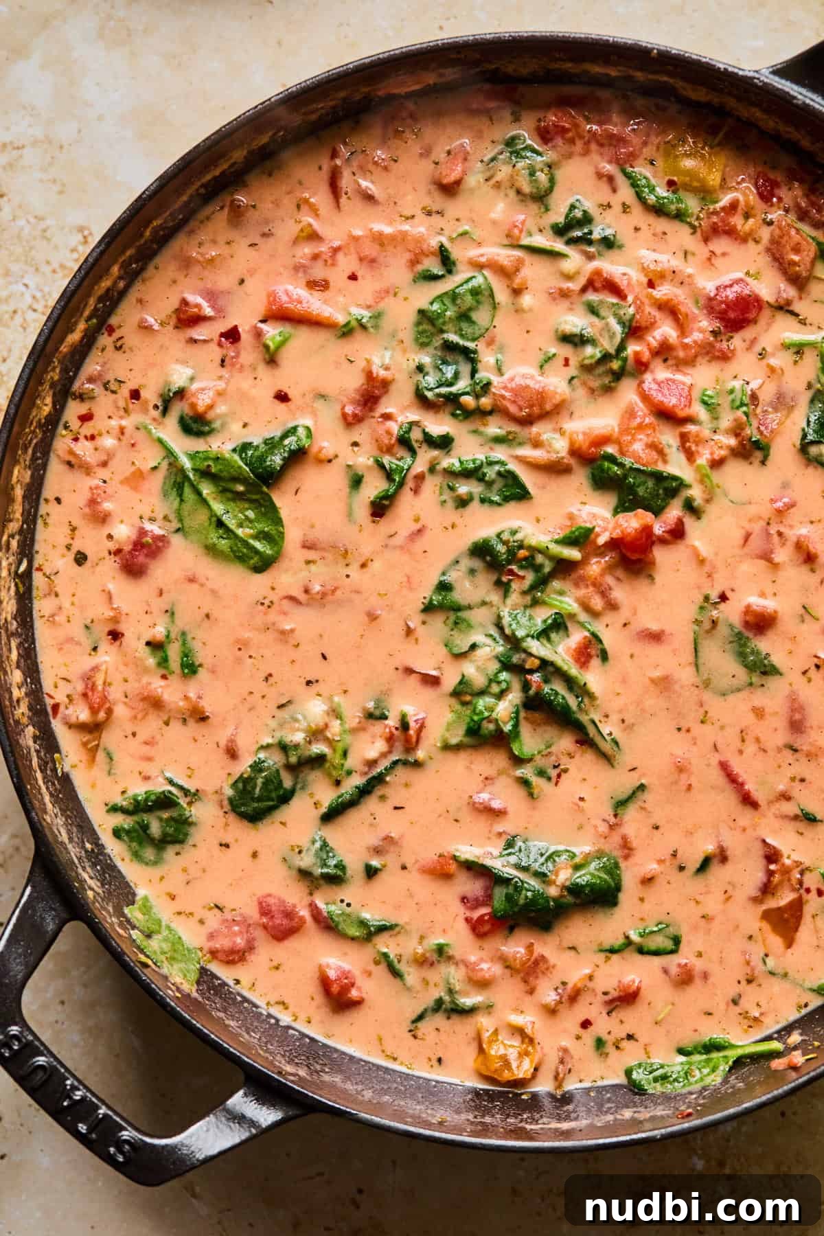 Creamy Spicy Italian Sausage Pasta with Sun-Dried Tomatoes 7 Spicy cream sauce with spinach in skillet.