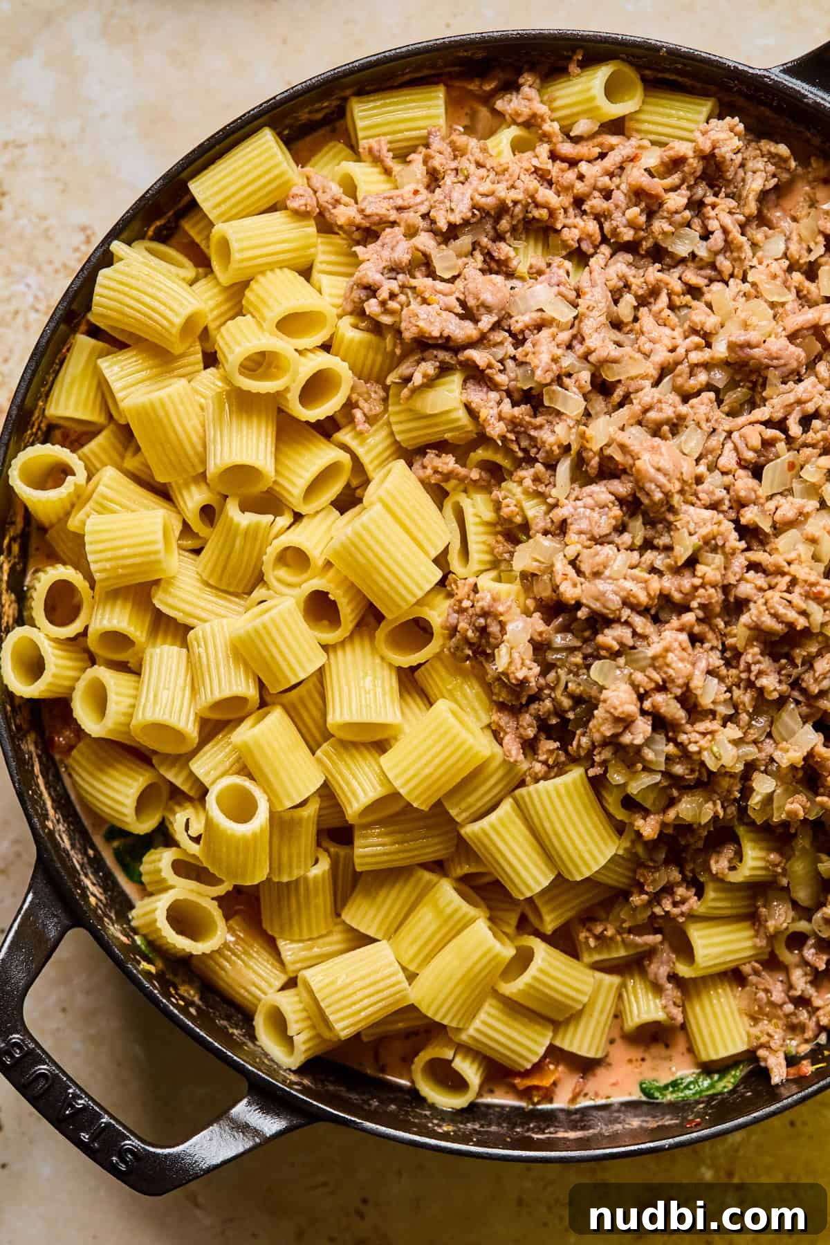 Creamy Spicy Italian Sausage Pasta with Sun-Dried Tomatoes 8 Pasta and sausage added to pan.
