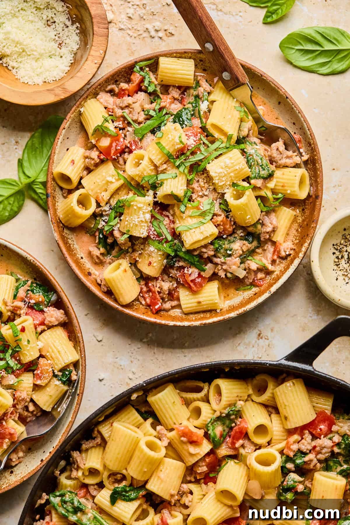 Creamy Spicy Italian Sausage Pasta with Sun-Dried Tomatoes 10 Bowl of pasta set next to skillet with pasta.