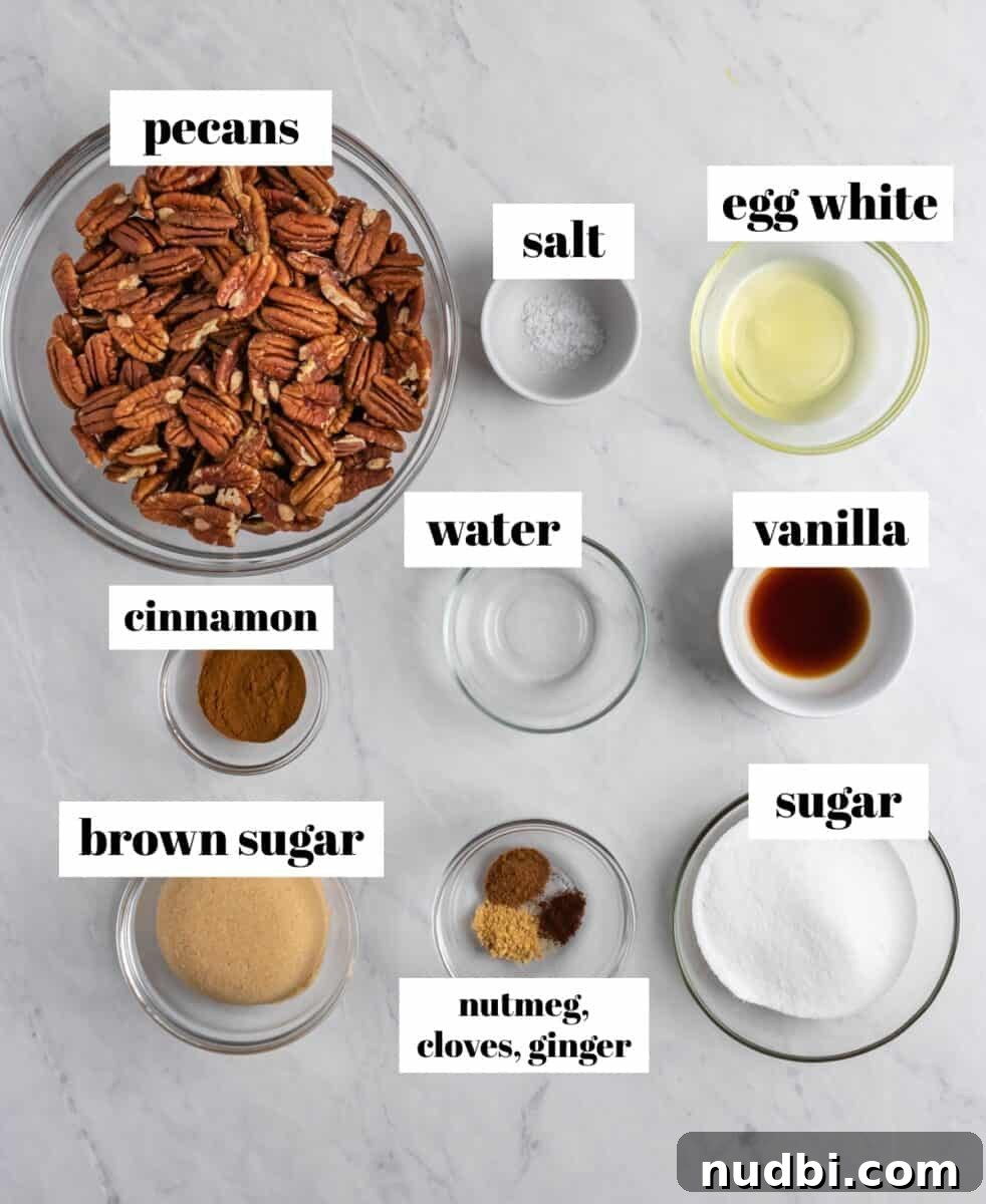 Candied Pumpkin Spice Pecans Made in a Slow Cooker 3 Cinnamon, nuts, sugar, brown sugar and other recipe ingredients labeled on white counter.