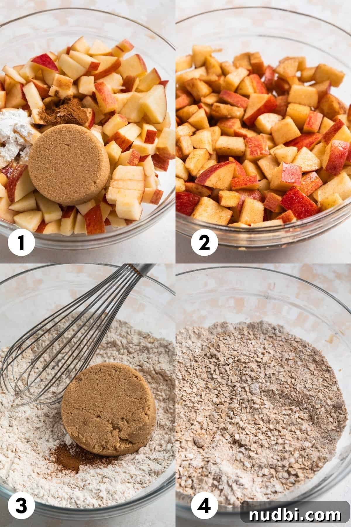 Homemade Apple Crumble Bars Recipe — Soft Filling & Crunchy Topping 4 Apples, brown sugar and cinnamon in mixing bowl and crumble mixture in separate bowl.