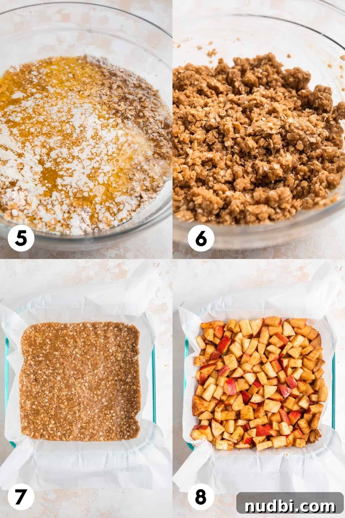 Homemade Apple Crumble Bars Recipe — Soft Filling & Crunchy Topping 5 Butter mixed into crumble ingredients and then apple crumble bars beginning part of assembly.
