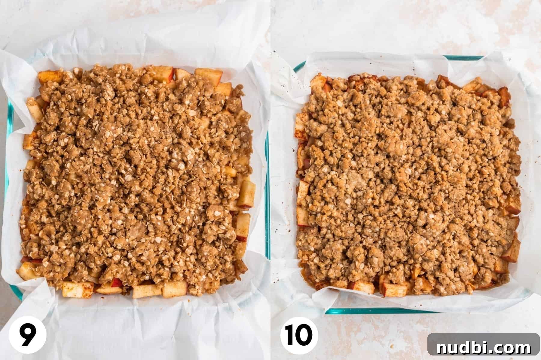Homemade Apple Crumble Bars Recipe — Soft Filling & Crunchy Topping 6 Apple crumble bars before and after baking.