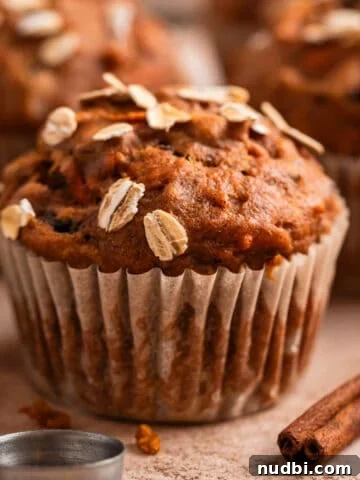 Pumpkin muffins with carrots topped with rolled oats on counter with cinnamon sticks and measuring spoons beside them.