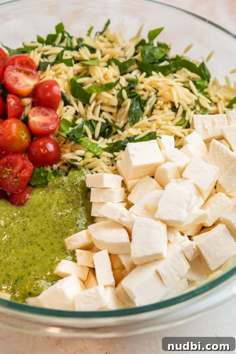Creamy Pesto Orzo Salad with Cherry Tomatoes and Basil 8 Orzo, tomatoes, mozzarella, and pesto in glass mixing bowl.