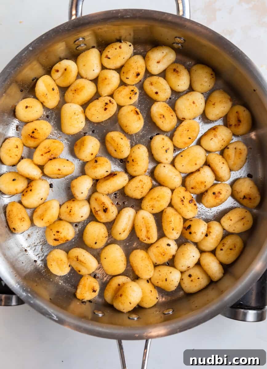 Crispy Pan-Fried Gnocchi with Garlic Butter and Parmesan 6 Cooked gnocchi in stainless steel pan.
