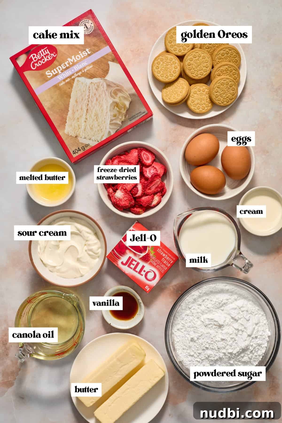 Strawberry Crunch Cupcakes with Crunchy Topping and Cream Cheese Frosting 3 Cake mix, Jell-o mix box, butter and other ingredients for recipe.
