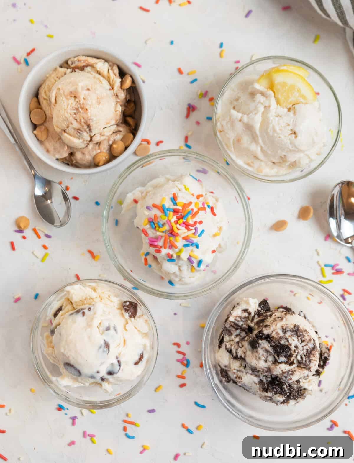 Creamy Cottage Cheese Ice Cream Recipe — Low-Sugar Frozen Dessert 3 5 ice cream scoops in glasses with toppings.