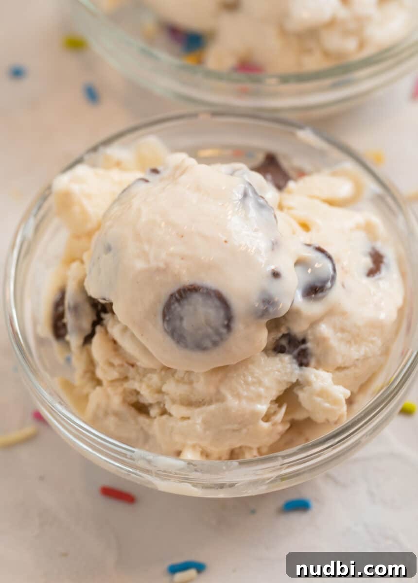 Creamy Cottage Cheese Ice Cream Recipe — Low-Sugar Frozen Dessert 5 Mint chip cottage cheese ice cream in glass bowl.