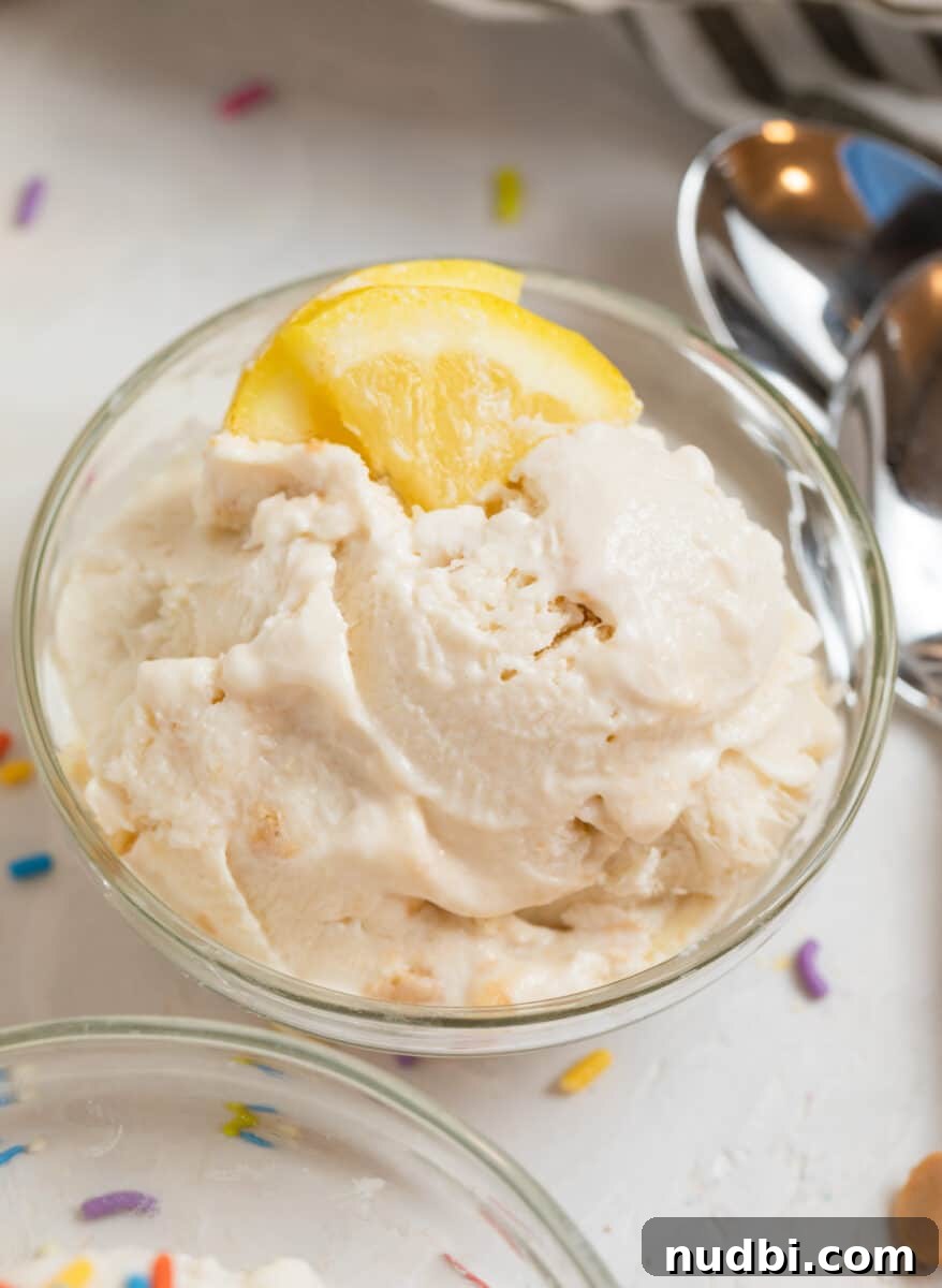 Creamy Cottage Cheese Ice Cream Recipe — Low-Sugar Frozen Dessert 7 Lemon cheesecake protein ice cream in glass bowl with lemon slices.