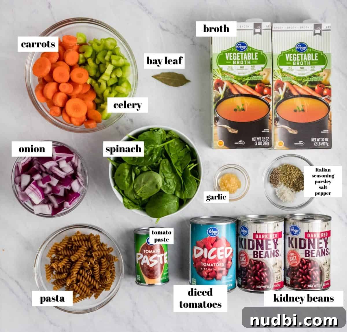 Hearty Chunky Italian Vegetable Soup Recipe 4 Vegetable soup ingredients labeled on counter.