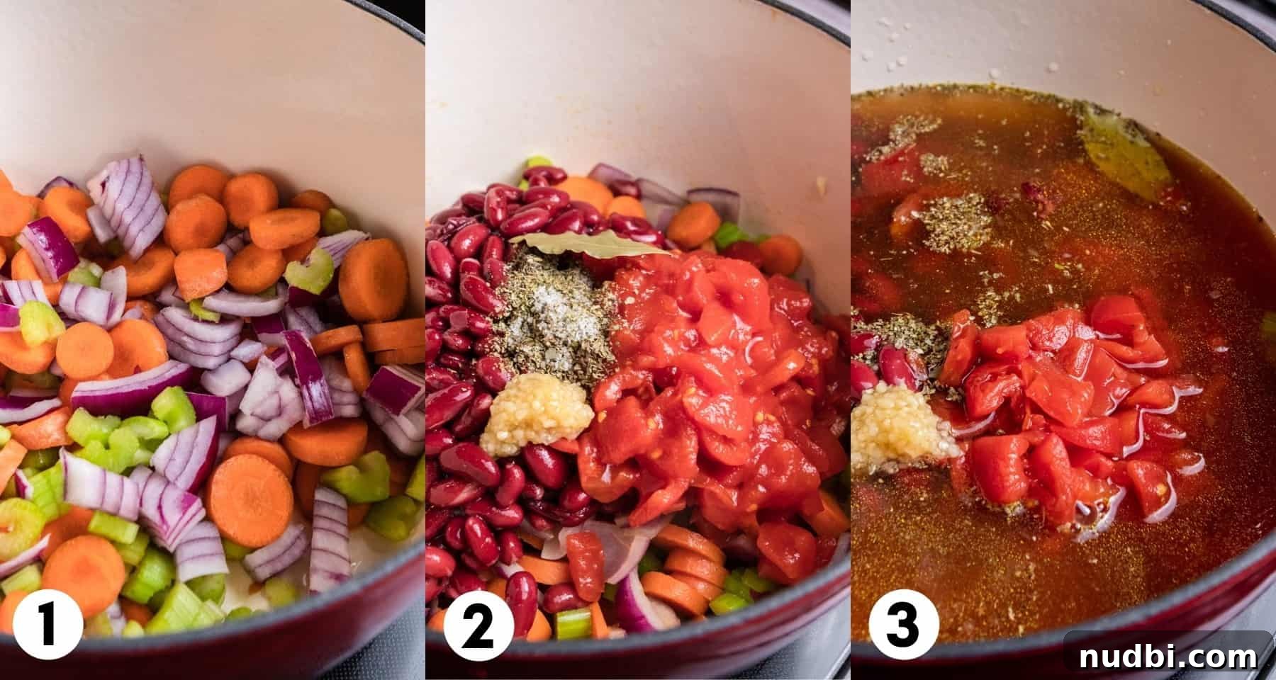 Hearty Chunky Italian Vegetable Soup Recipe 5 Vegetables and broth in soup pot.