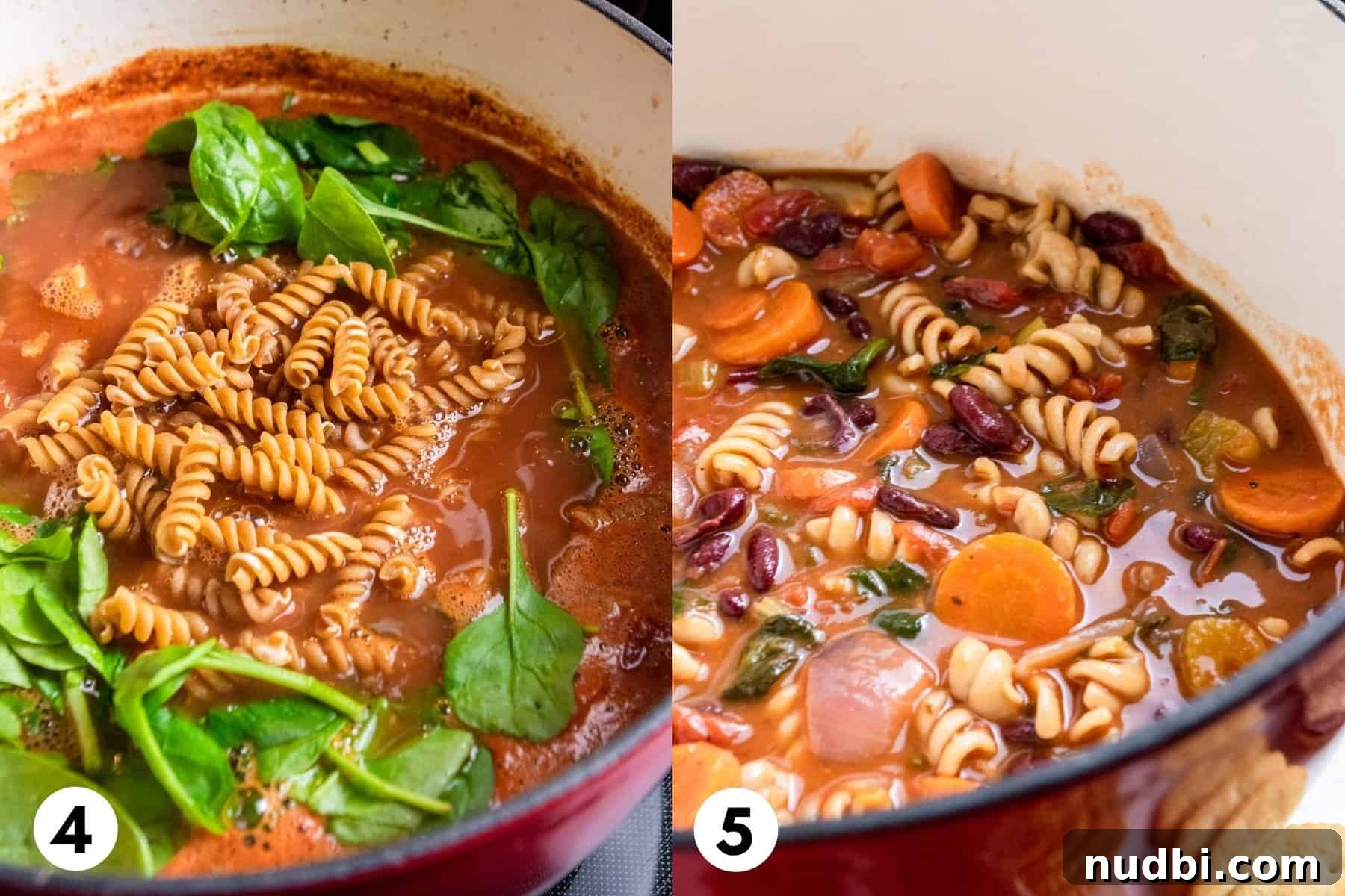 Hearty Chunky Italian Vegetable Soup Recipe 6 Pasta and spinach added to soup pot and then finished soup in pot.