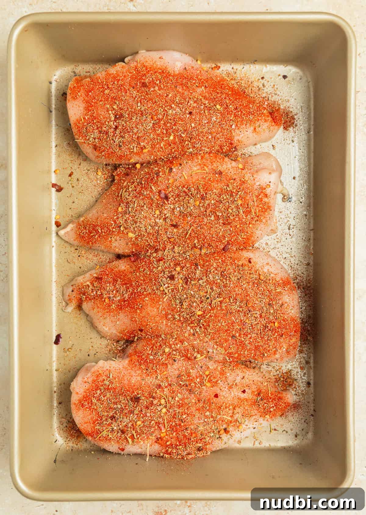 Creamy Baked Tuscan Chicken with Sun-Dried Tomatoes and Spinach 4 Seasoned chicken breasts lined in baking pan.