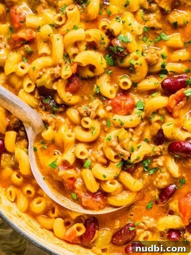 Ladle scooping up chili macaroni and cheese in pot.