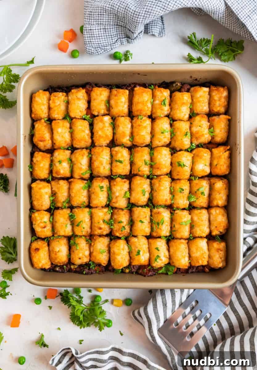 Tater Tot Shepherd’s Pie Recipe: Comforting Family Meal 9 Baked tater tot shepherd's pie in pan with spatula and napkin beside.