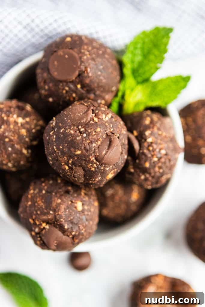 Peppermint Chip No-Bake Brownie Bites Recipe 2 Mint Chocolate No Bake Brownie Bites in bowl with mint leaf.