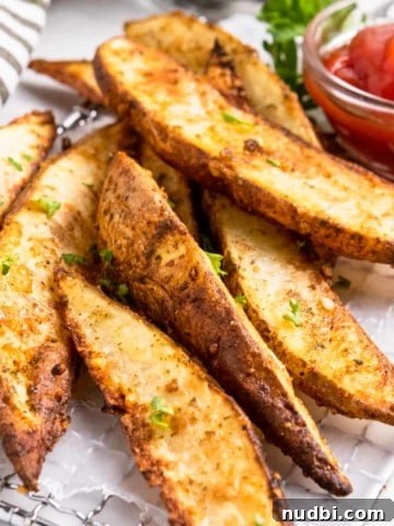 Crispy air fried potato wedges with ketchup.