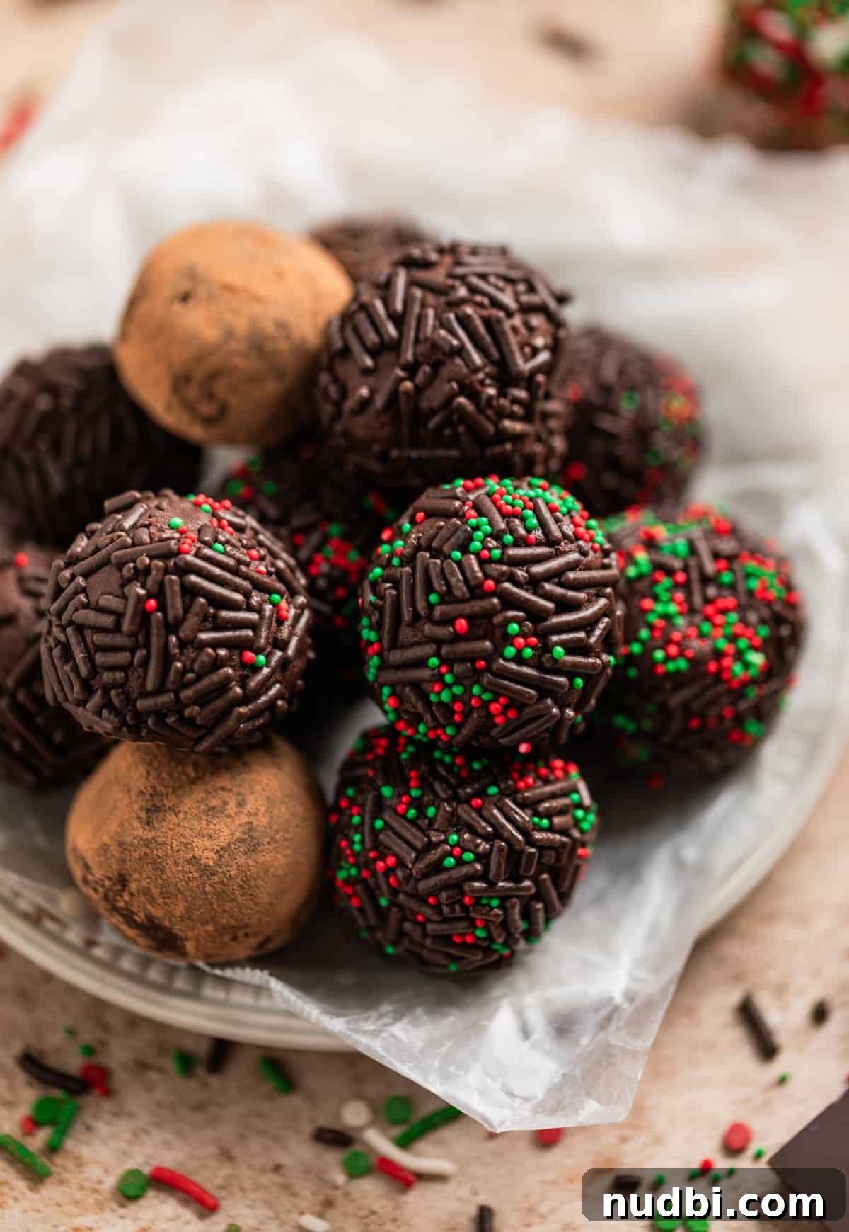 Amaretto Truffles Recipe with 5 Ingredients — Simple Chocolate Bonbons 11 Tray with variety of cocoa dusted and sprinkle covered chocolate truffles.