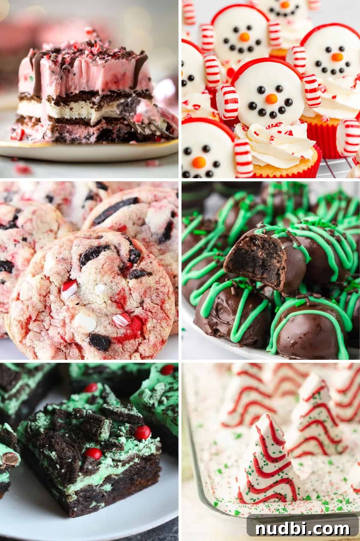 36 Festive Oreo Recipes for Christmas Treats and Desserts 3 Peppermint Oreo ice cream cake, mint brownies and other Oreo Christmas recipes in picture collage.