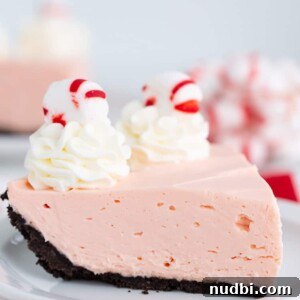 Slice of peppermint pie with chocolate cookie crust and peppermints on top.