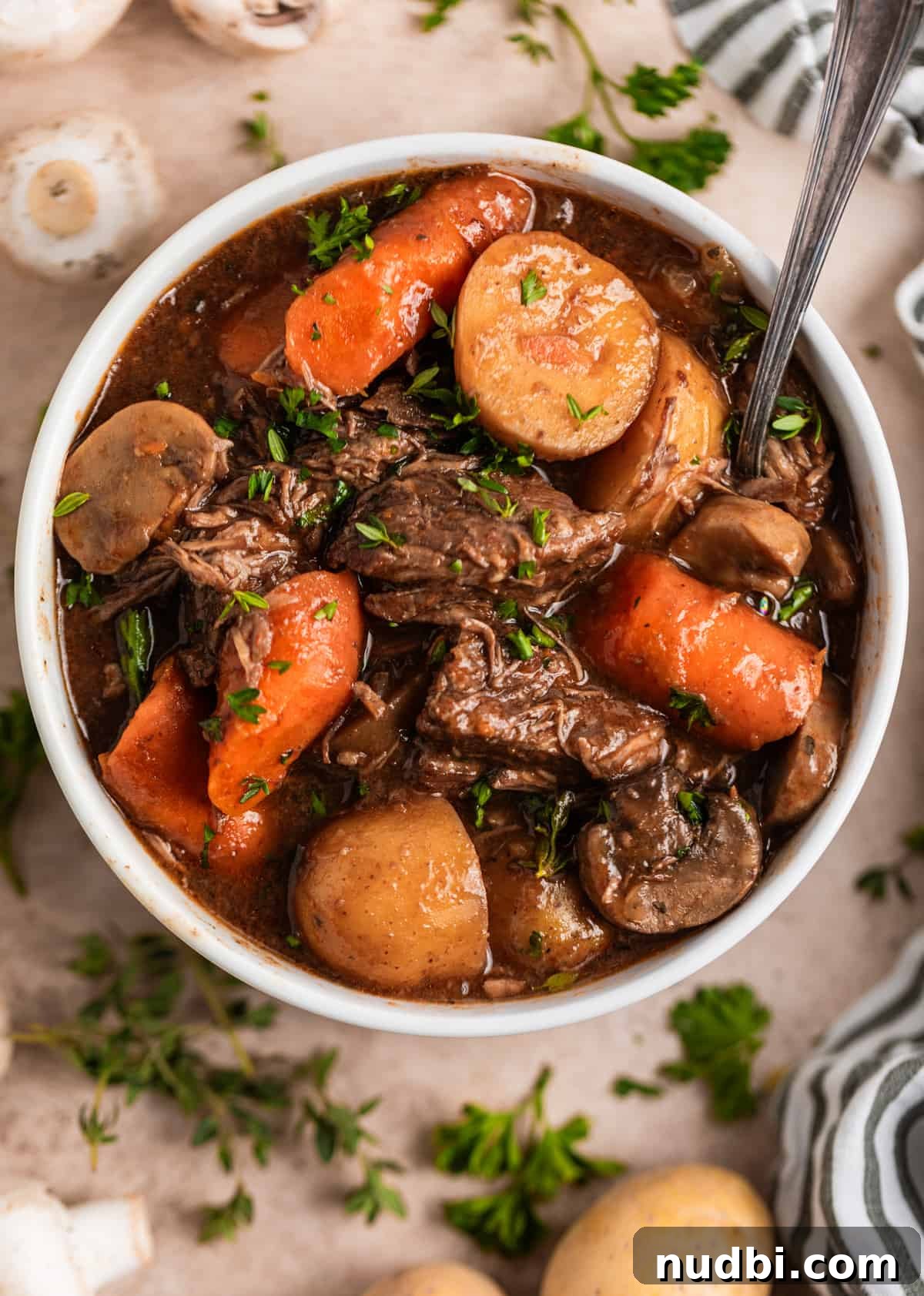 Slow Cooker Beef and Mushroom Stew Recipe for Tender Comfort Food 14 Overhead view of white bowl with mushroom beef stew with spoon.