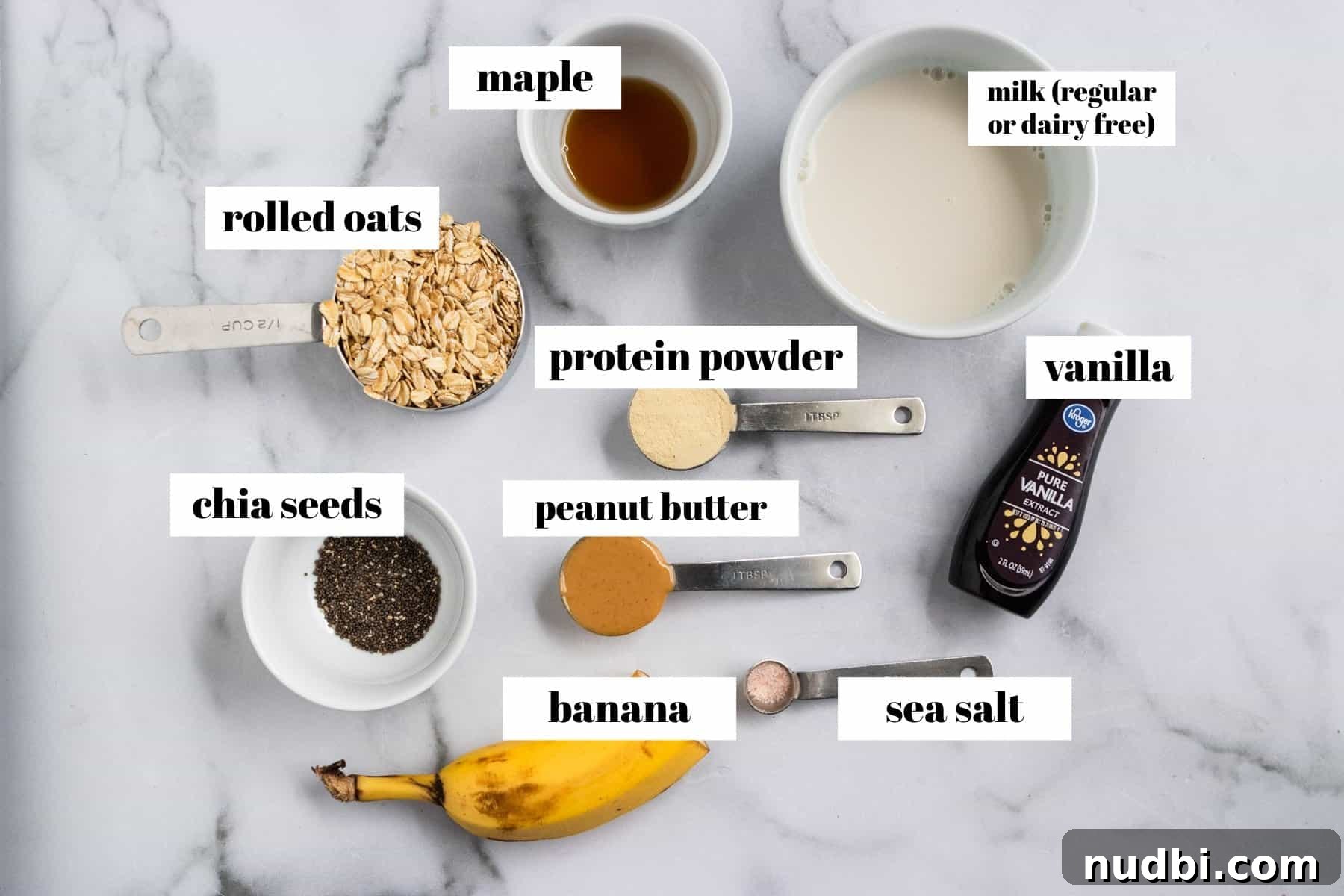 High-Protein Overnight Oats Recipe for Busy Mornings 4 Ingredient list of peanut butter banana protein overnight oats.