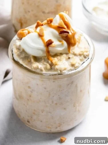 Peanut butter greek yogurt overnight oats in jar.