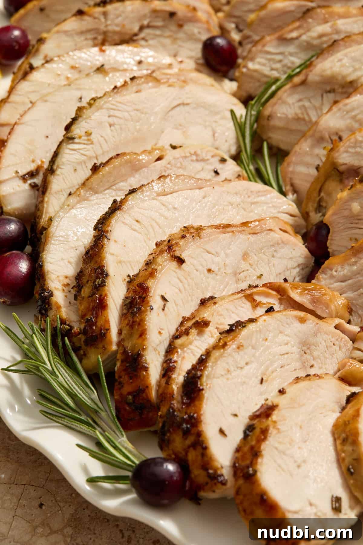 Juicy Slow Cooker Turkey Breast Recipe 12 Slices of turkey on serving platter with fresh rosemary and cranberries.