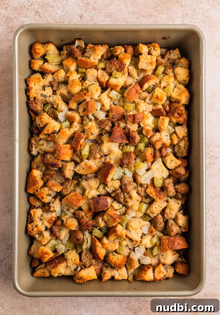 Turkey Sausage Stuffing Recipe for Thanksgiving and Holiday Meals 15 Turkey sausage stuffing in pan just after baking.