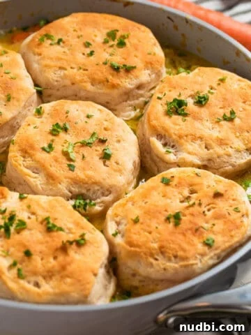 Skillet with cream of chicken and biscuits topped with chopped fresh parsley.