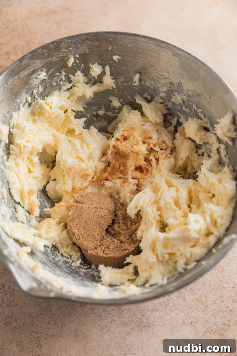 Chewy Ginger Cream Cookie Recipe for Perfect Holiday Baking 11 Brown sugar added to mixing bowl with creamed butter.